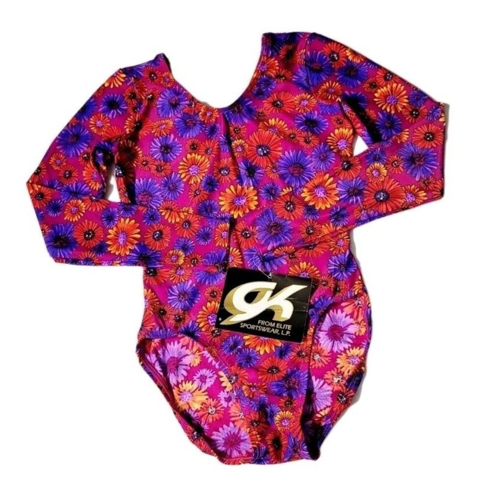 GK Elite VTG Retro 70s Daisy Leotard Bodysuit LS Magenta AXS Size XS Stretch NWT